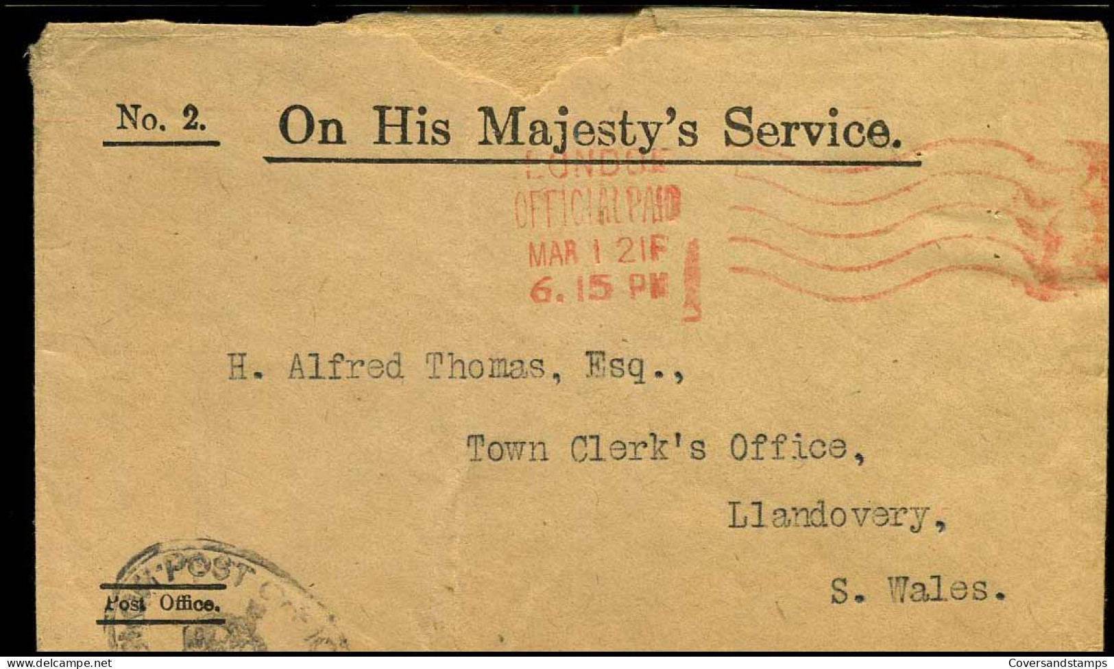 Cover To Llandovery, South Wales - 'On His Majesty's Service' - Autres & Non Classés
