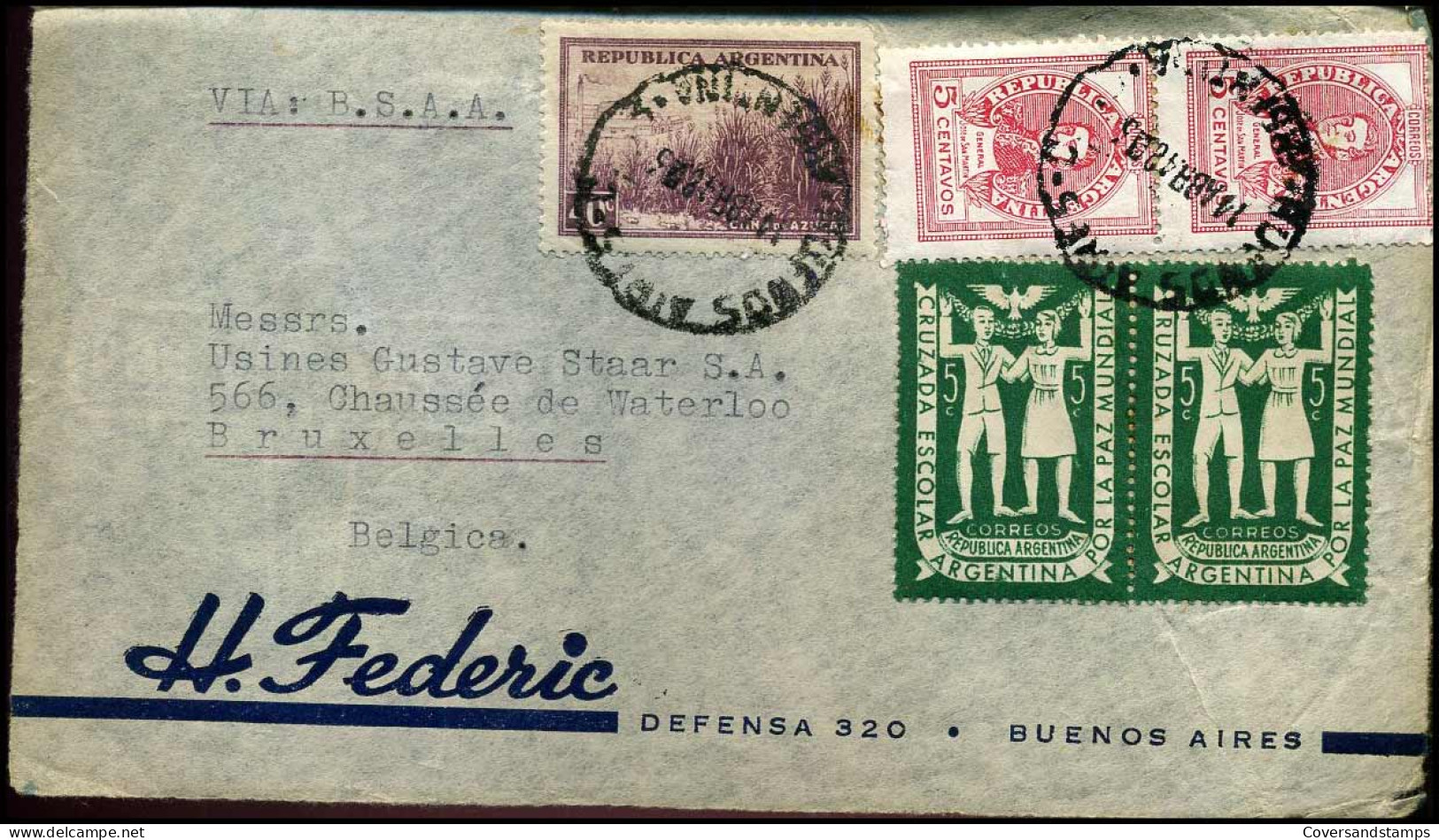 Coverfront To Brussels, Belgium - 'H. Federic, Defensa 320, Buenos Aires' - Briefe U. Dokumente