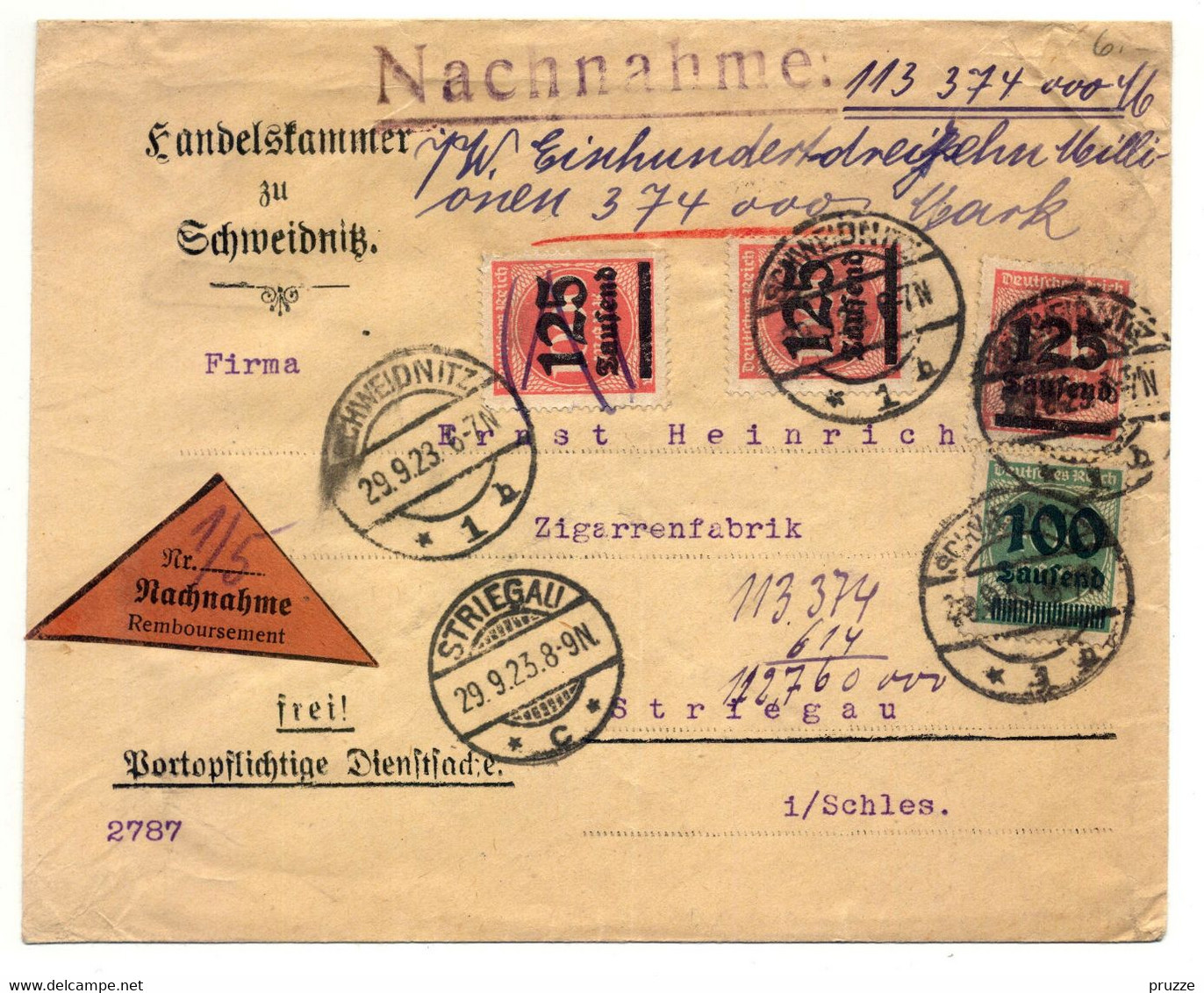 Brief Ohne Inhalt, Nachnahme, Inflation, Schweidnitz 1923 An Zigarrenfabrik In Striegau, Schlesien - Buste