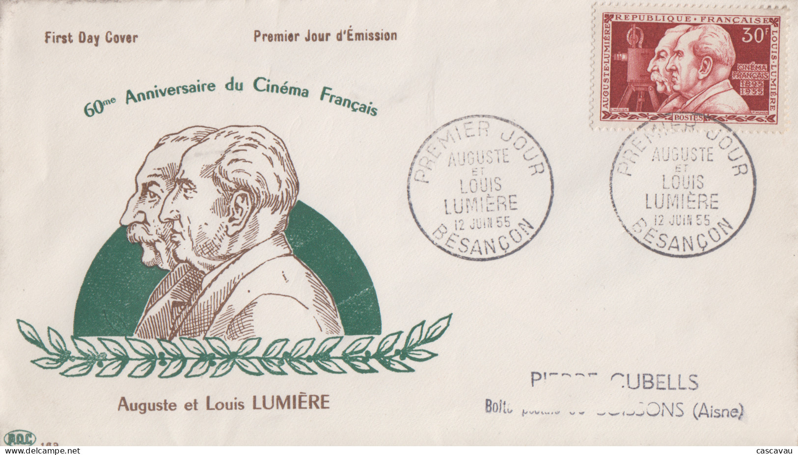 Enveloppe  FDC  1er  Jour   FRANCE     Auguste   Et   Louis   LUMIERE     BESANCON   1955 - 1950-1959