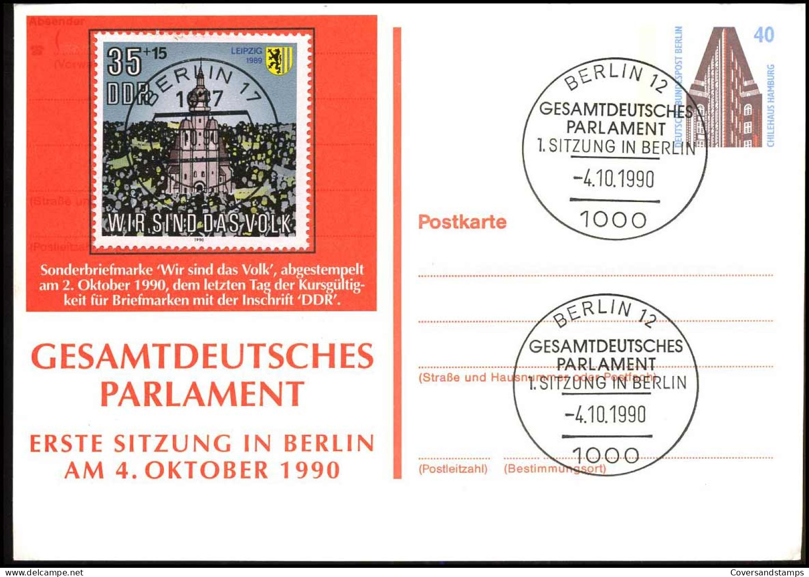 Gesamtdeutsches Parlament, Erste Sitzung In Berlin Am 4. Oktober 1990 - Postales Privados - Usados