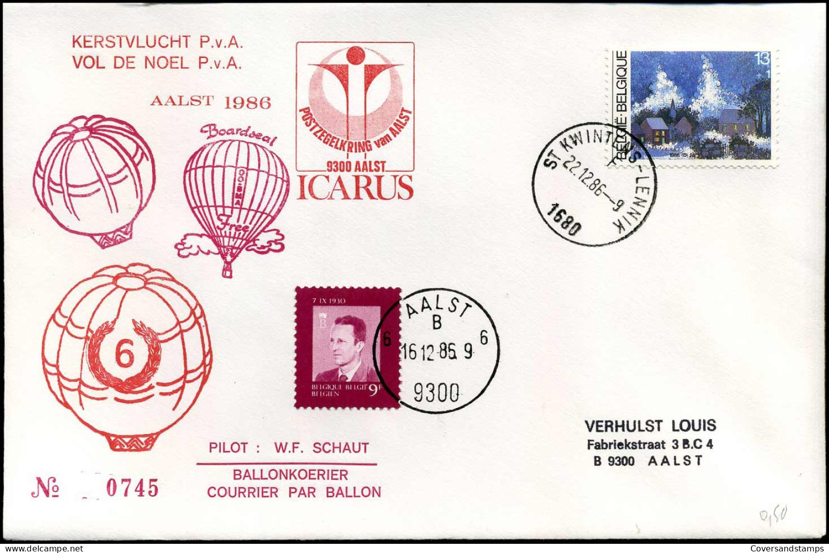 Kerstvlucht P.v.A. - Ballonkoerier, Pilot : W.F. Schaut - Postzegelkring Van Aalst : ICARUS - Sonstige & Ohne Zuordnung