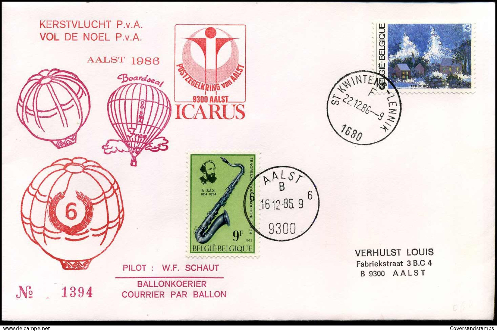 Kerstvlucht P.v.A. - Ballonkoerier, Pilot : W.F. Schaut - Postzegelkring Van Aalst : ICARUS - Andere & Zonder Classificatie