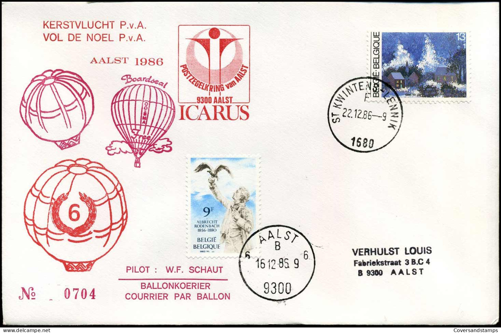 Kerstvlucht P.v.A. - Ballonkoerier, Pilot : W.F. Schaut - Postzegelkring Van Aalst : ICARUS - Autres & Non Classés