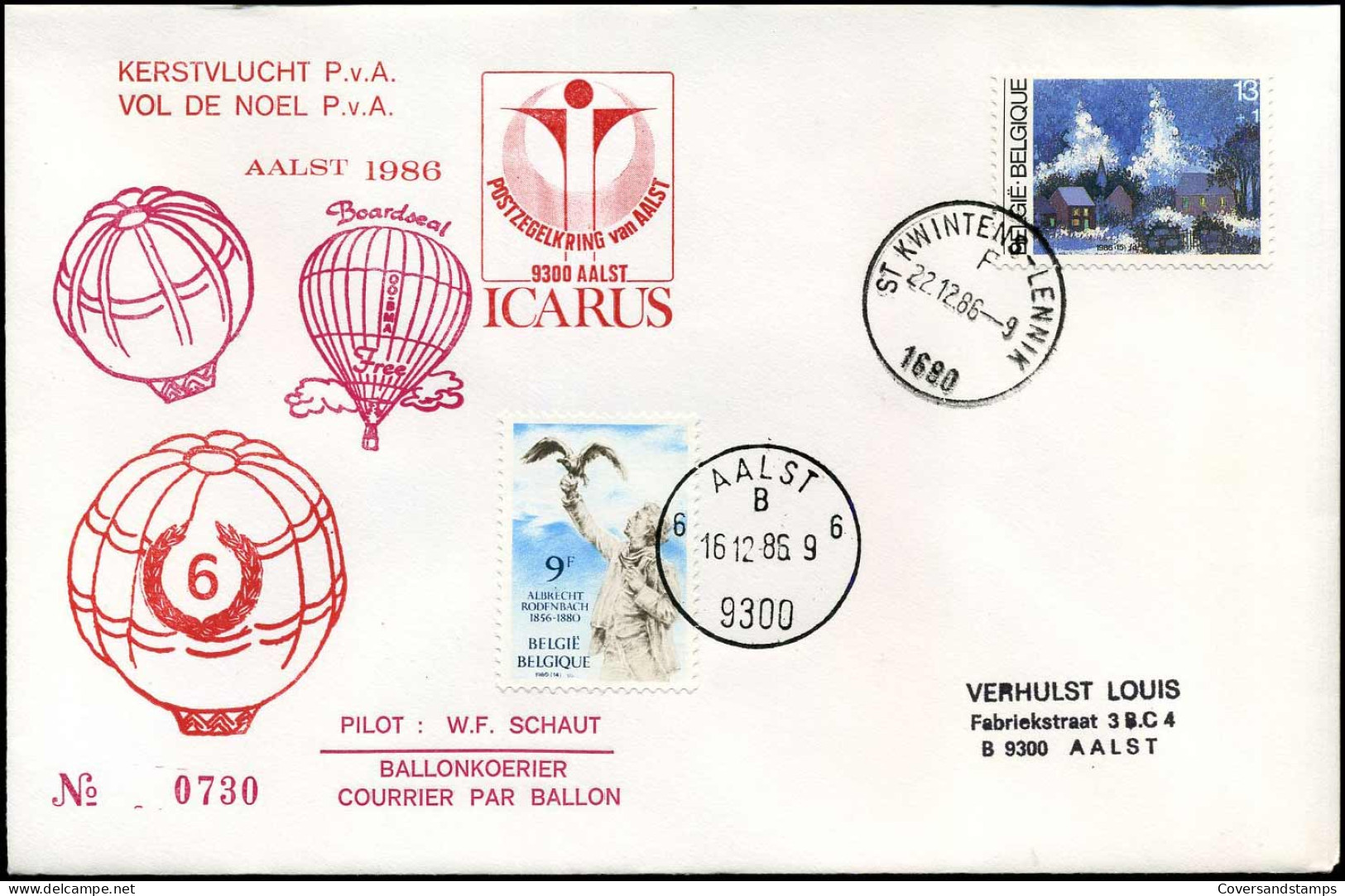 Kerstvlucht P.v.A. - Ballonkoerier, Pilot : W.F. Schaut - Postzegelkring Van Aalst : ICARUS - Autres & Non Classés