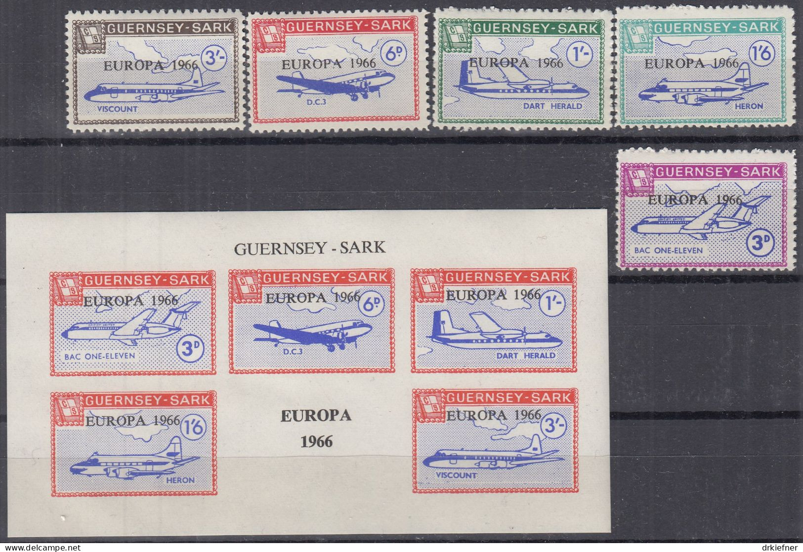 INSEL SARK (Guernsey), Nichtamtl. Briefmarken, 1 Block + 5 Marken, Postfrisch **, Europa 1966, Flugzeuge, Luftfahrt - Guernsey