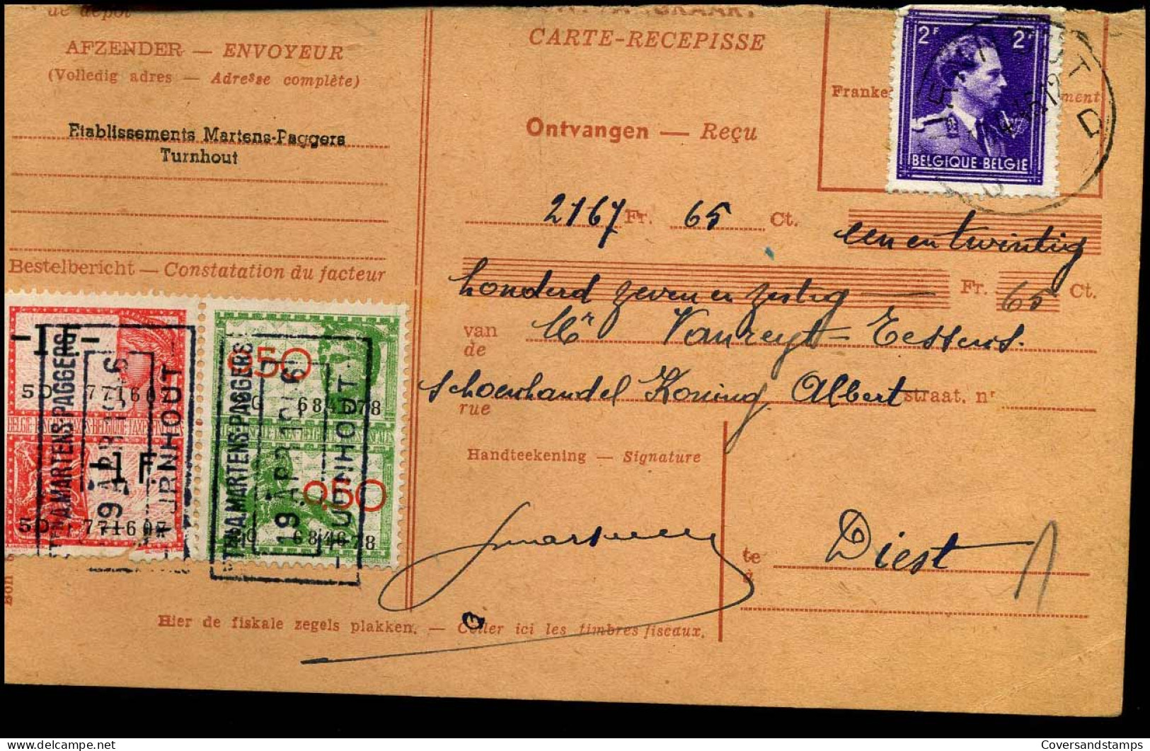 N° 693 Op Ontvangkaart / Carte-Récépisse - Met 2 Takszegels - 1936-1957 Col Ouvert