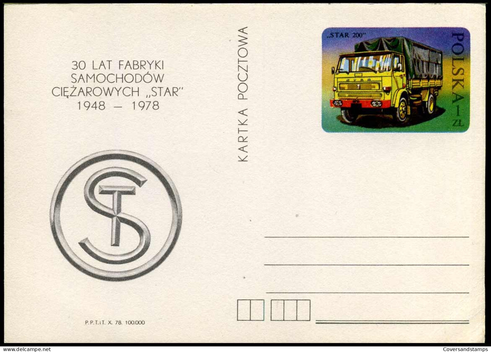 Postcard - 30 Lat Fabryki Samochodow Ciezarowych "Star" 1948 - 1978 - Entiers Postaux