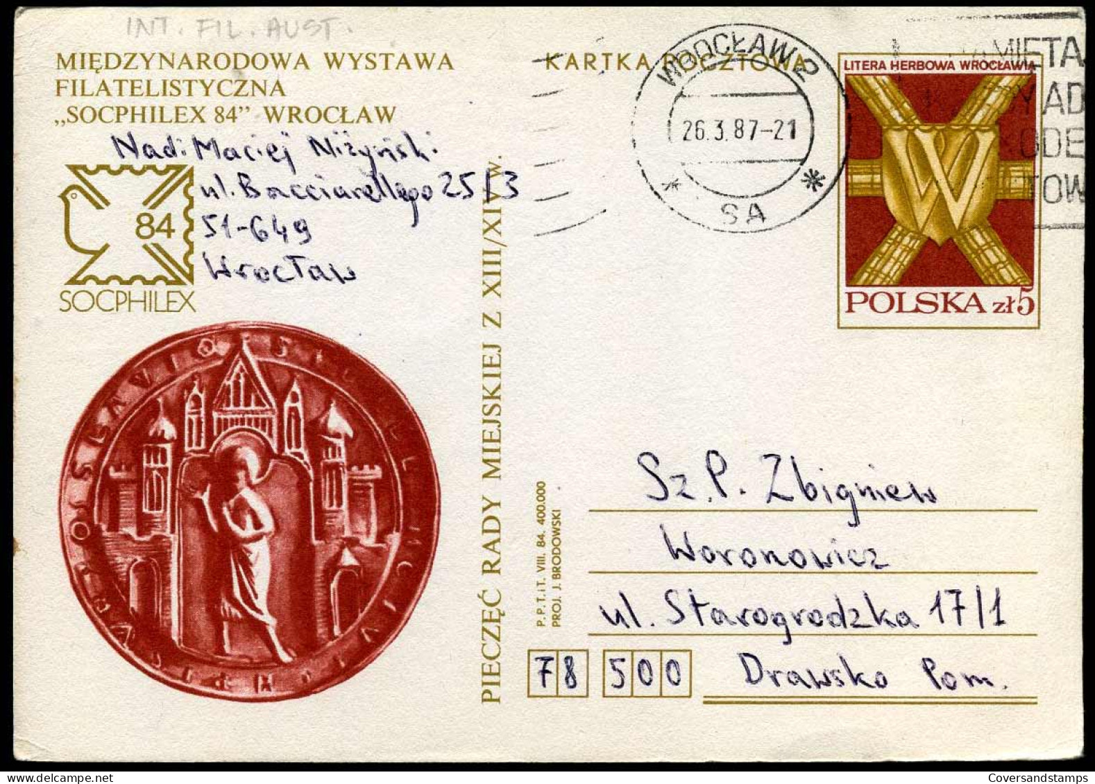 Postcard - Miedzynarodowa Wystawa Filatelistyczna "Socphilex 84" Wroclaw - Postwaardestukken