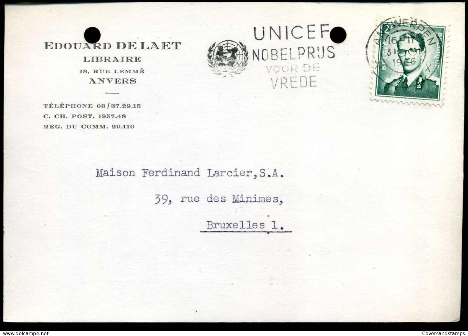 Postkaart / Carte Postale Naar Bruxelles : 'Edouard De Laet, Librairie, Anvers' - 1953-1972 Bril
