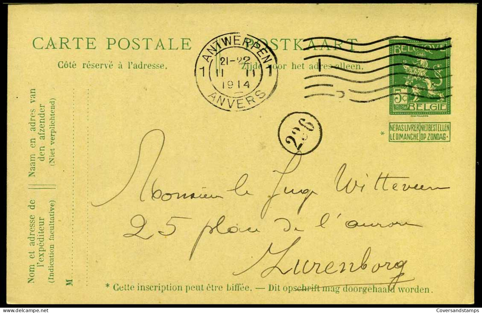 Postkaart / Carte Postale Van Antwerpen/Anvers Naar Zurenborg - 11/02/1914 - Cartoline 1909-1934