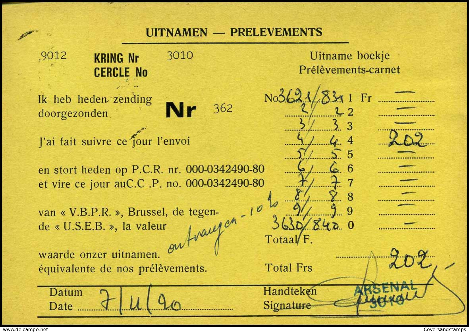 Postkaart : "Uitnamen - Prélèvements" Kring/Cercle Nr 3010 - Briefe U. Dokumente
