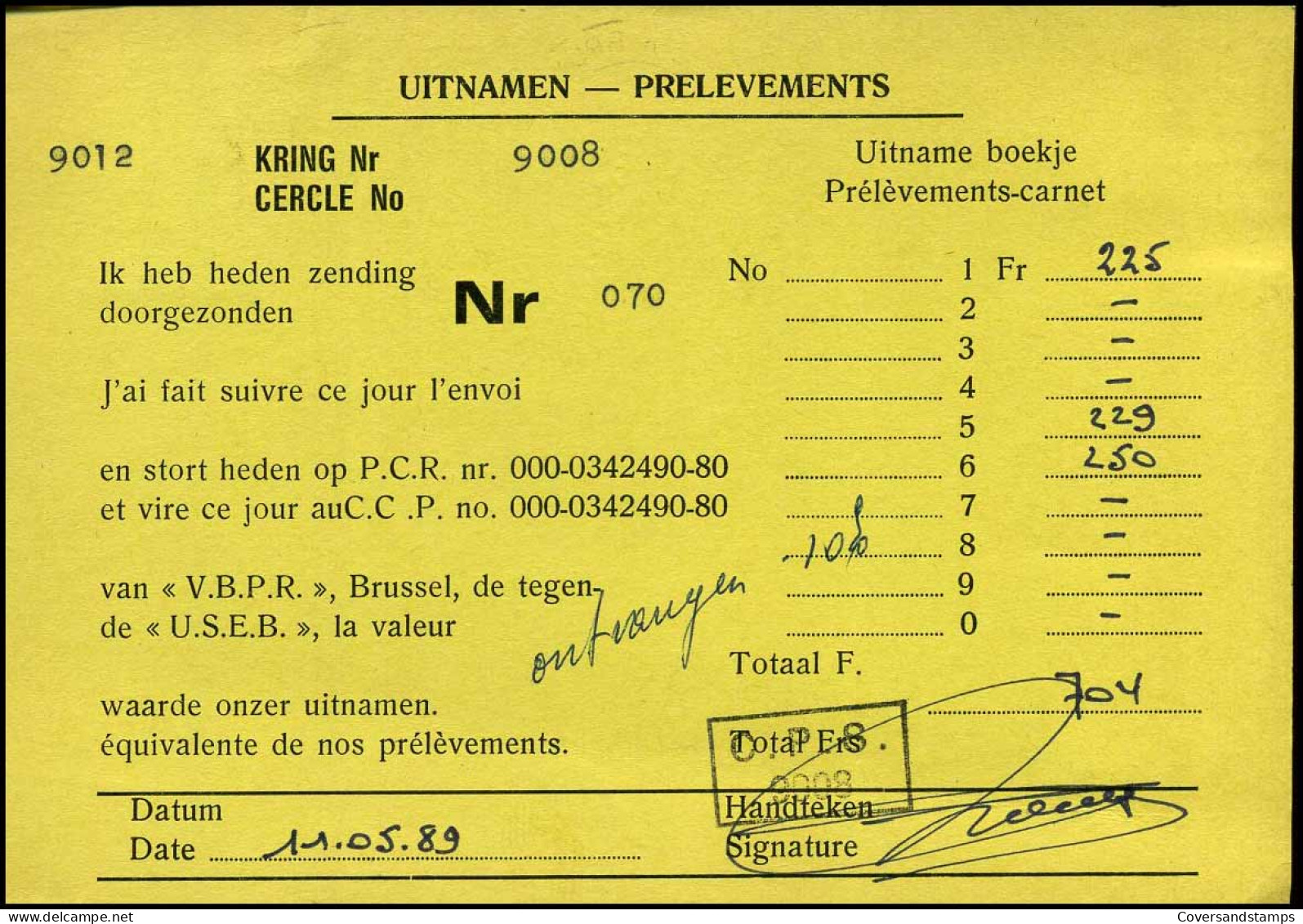 Postkaart : "Uitnamen - Prélèvements" Kring/Cercle Nr 9008 - Briefe U. Dokumente
