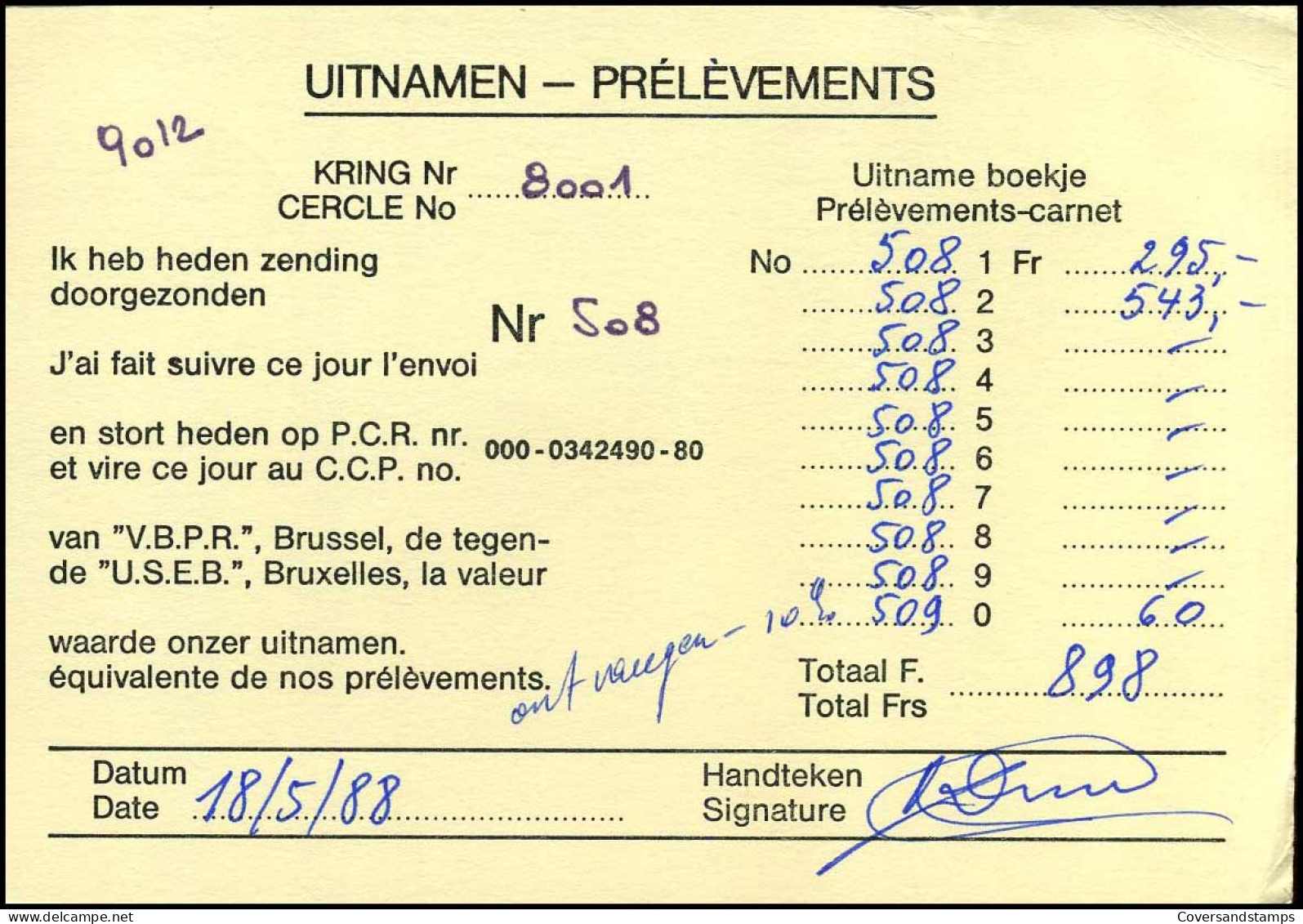 Postkaart : "Uitnamen - Prélêvements" Kring Nr 8001 - Briefe U. Dokumente