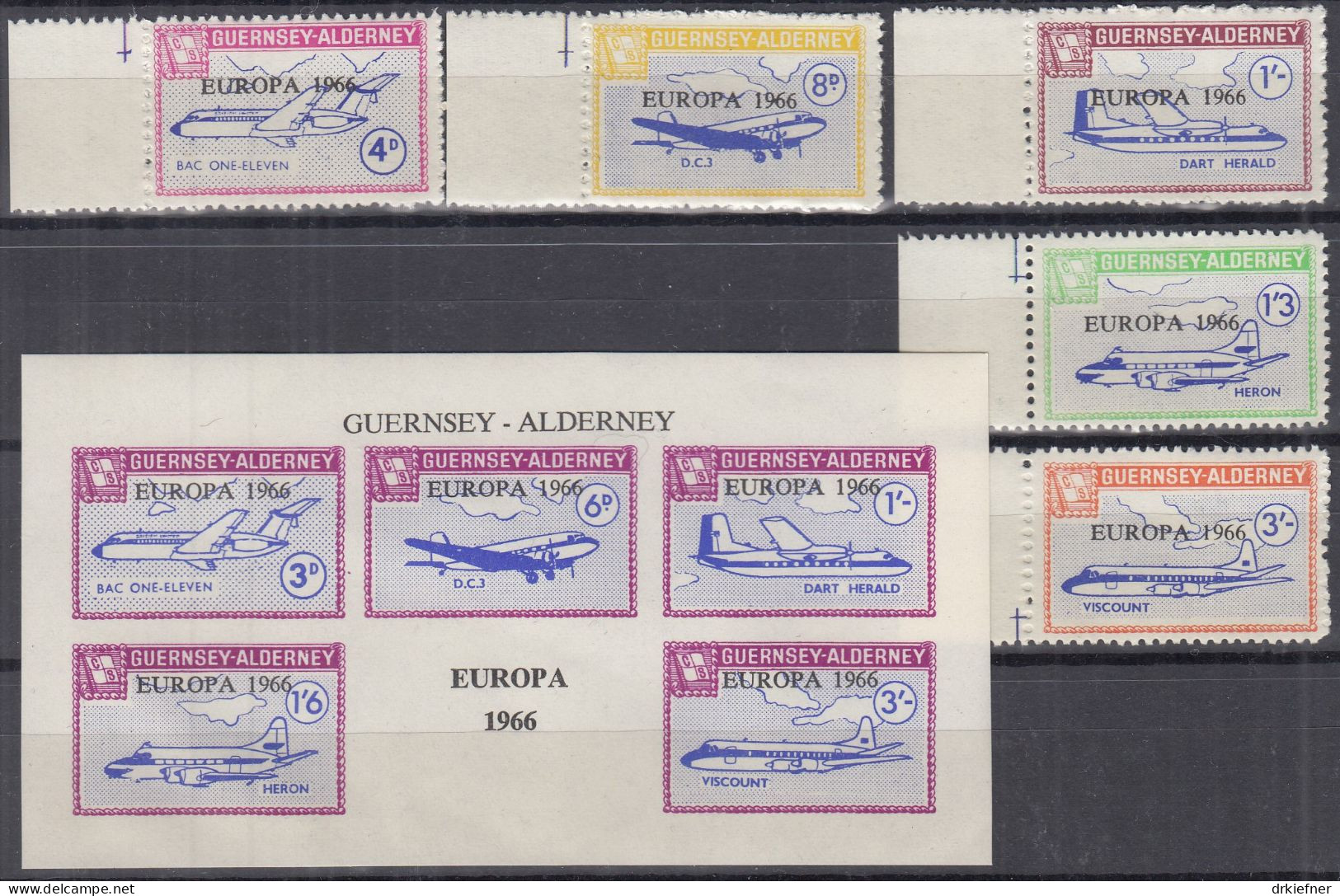 INSEL ALDERNEY (Guernsey), Nichtamtl. Briefmarken, 1 Block + 5 Marken, Postfrisch **, Europa 1966, Flugzeuge, Luftfahrt - Alderney