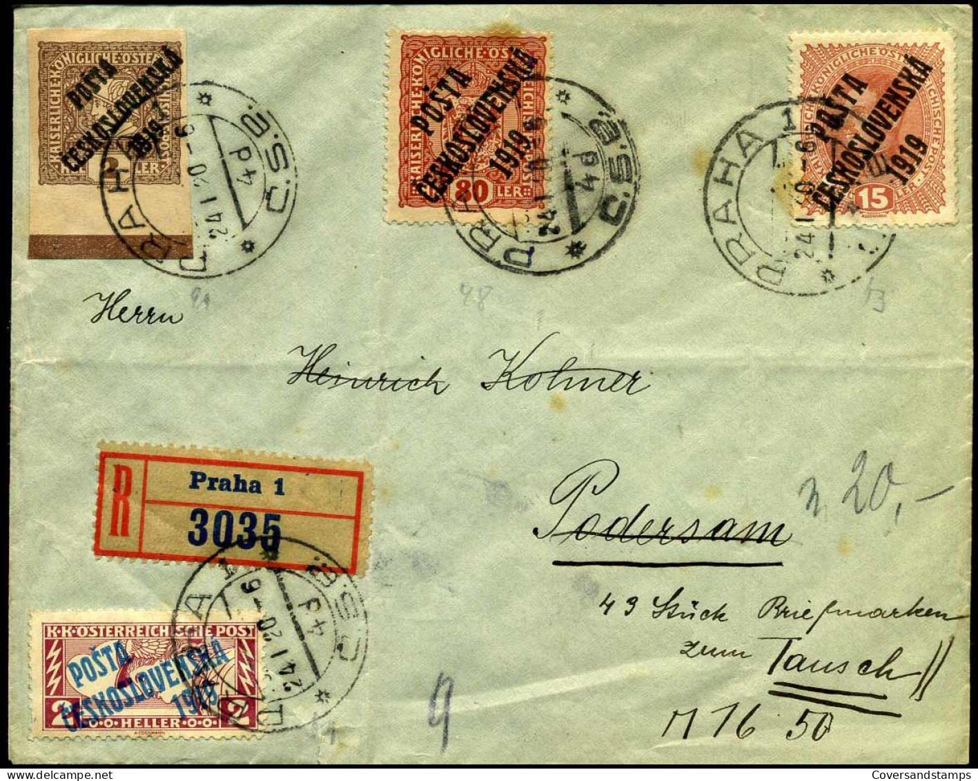 Registered Cover - 'Posta Ceskoslovenska 1919'  (1 Stamp Is Imperforated) - Cartas & Documentos