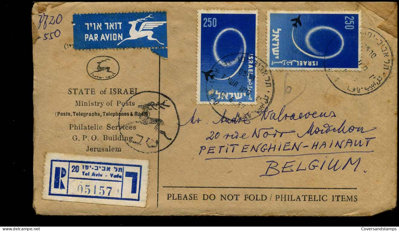 Registered Cover To Petit Enghien, Belgium - "State Of Israel, Ministry Of Posts, Philatelic Services, Jerusalem" - Brieven En Documenten