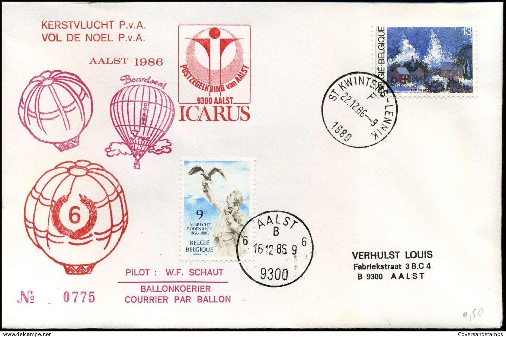 Vol De Noel P.v.A. - Courrier Par Ballon, Pilot : W.F. Schaut - Postzegelkring Van Aalst : ICARUS - Autres & Non Classés