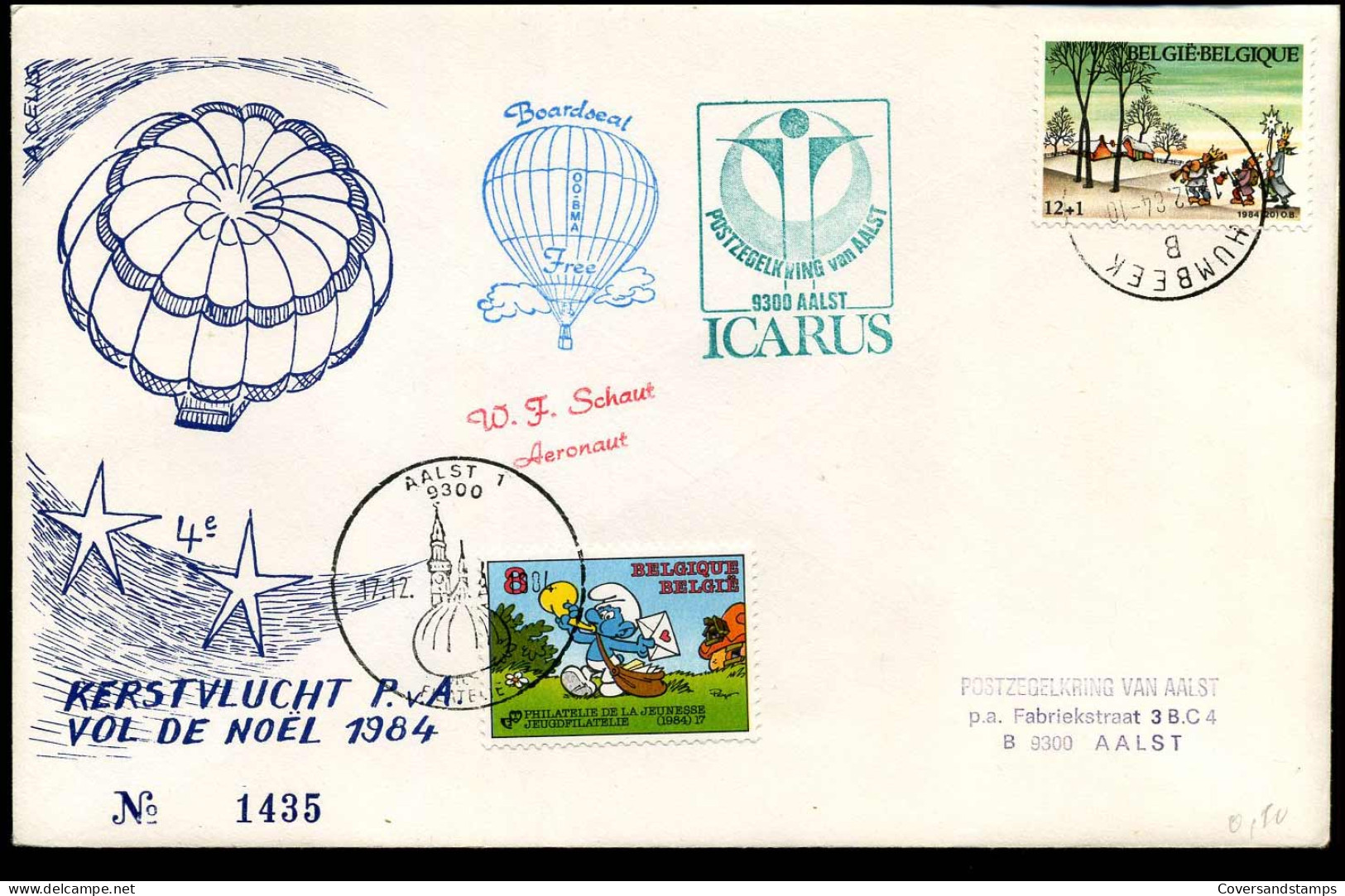 Vol De Noel P.v.A. - Courrier Par Ballon, Pilot : W.F. Schaut - Postzegelkring Van Aalst : ICARUS - Other & Unclassified