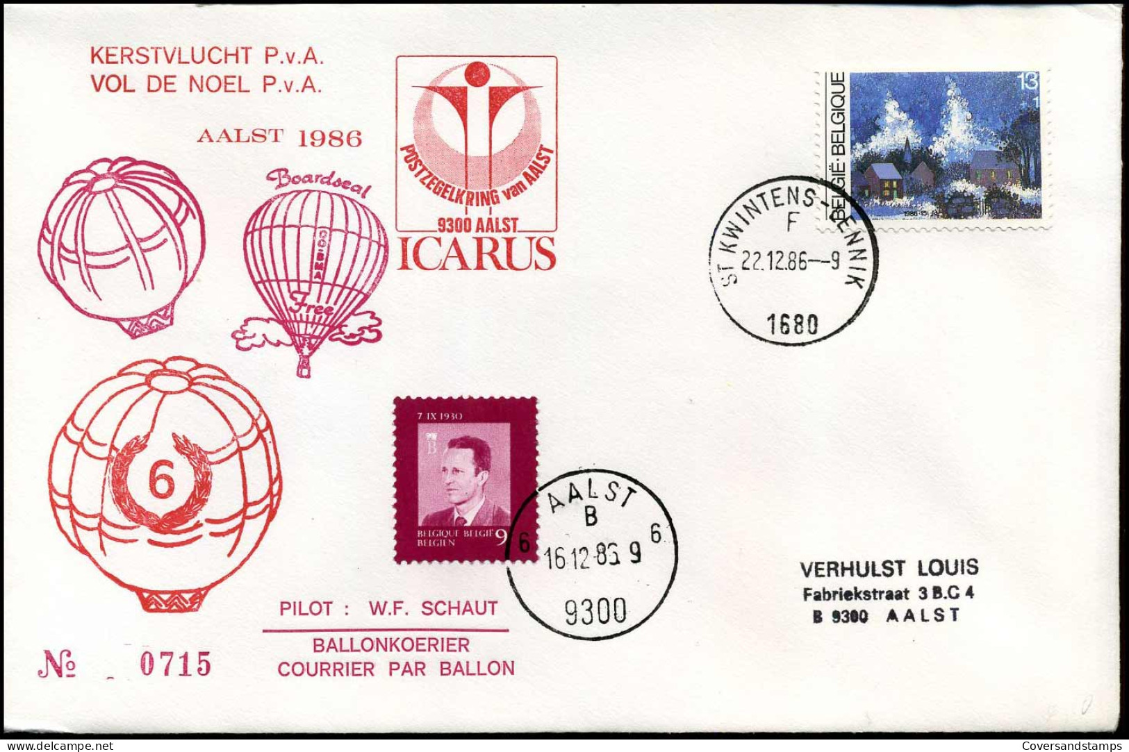 Vol De Noel P.v.A. - Courrier Par Ballon, Pilot : W.F. Schaut - Postzegelkring Van Aalst : ICARUS - Sonstige & Ohne Zuordnung