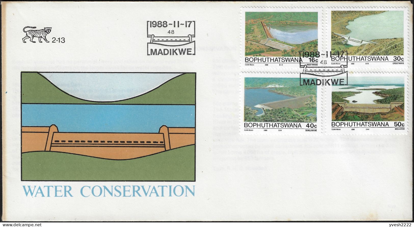 Bophuthatswana 1988 Y&T 210 à 213 Sur FDC. Conservation De L'eau, Barrages Et Réserves D'eau - Water