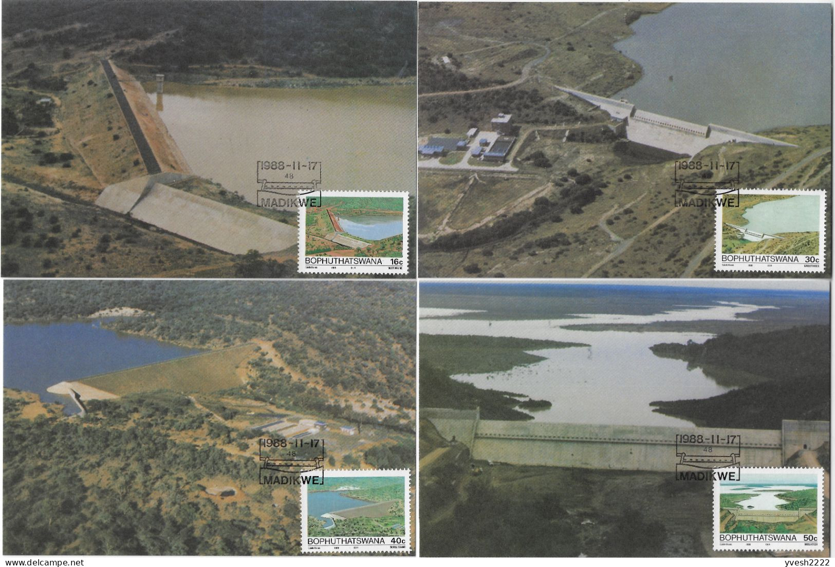 Bophuthatswana 1988 Y&T 210 à 213 Sur Cartes Maxima. Conservation De L'eau, Barrages Et Réserves D'eau - Water