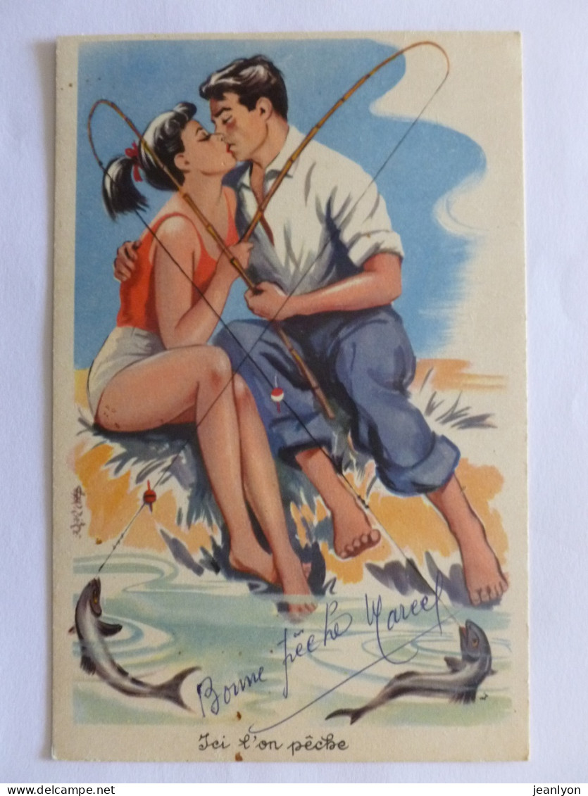 PECHE A LA LIGNE / POISSON - Couple S'embrasse Les Pieds Dans L'eau - Carte Fantaisie Humoristique - Visvangst