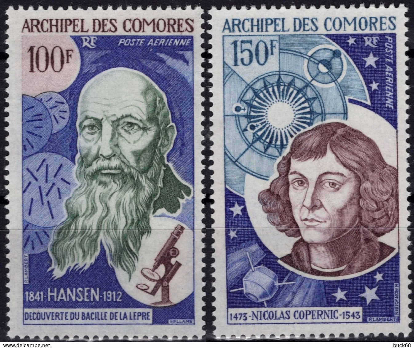 COMORES Poste Aérienne 55 56 ** MNH Savant Hansen Bacille Lèpre Et Copernic Astronome 1973 - Luchtpost