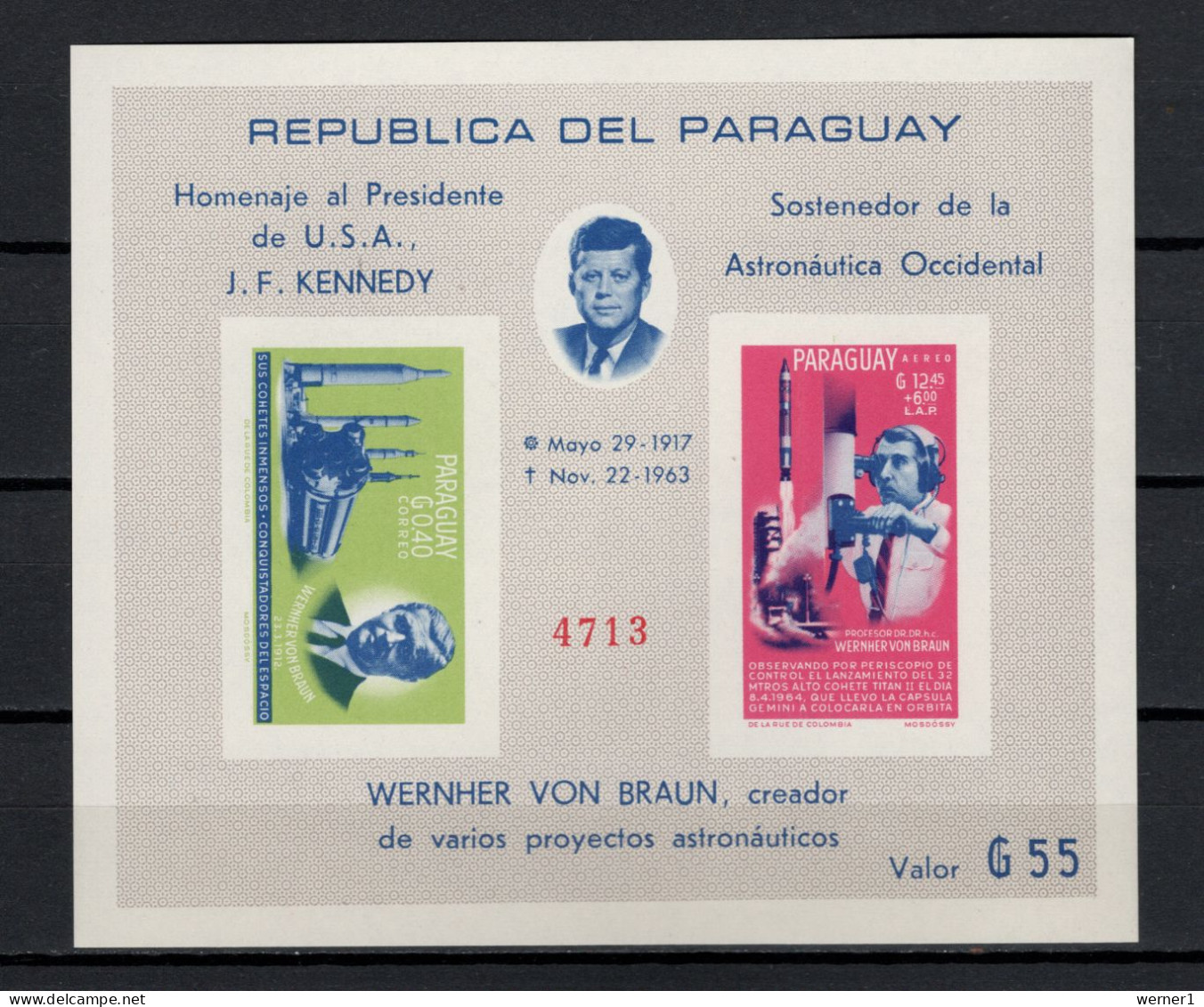Paraguay 1964 Space, JFK Kennedy S/s Imperf. MNH -scarce- - Südamerika