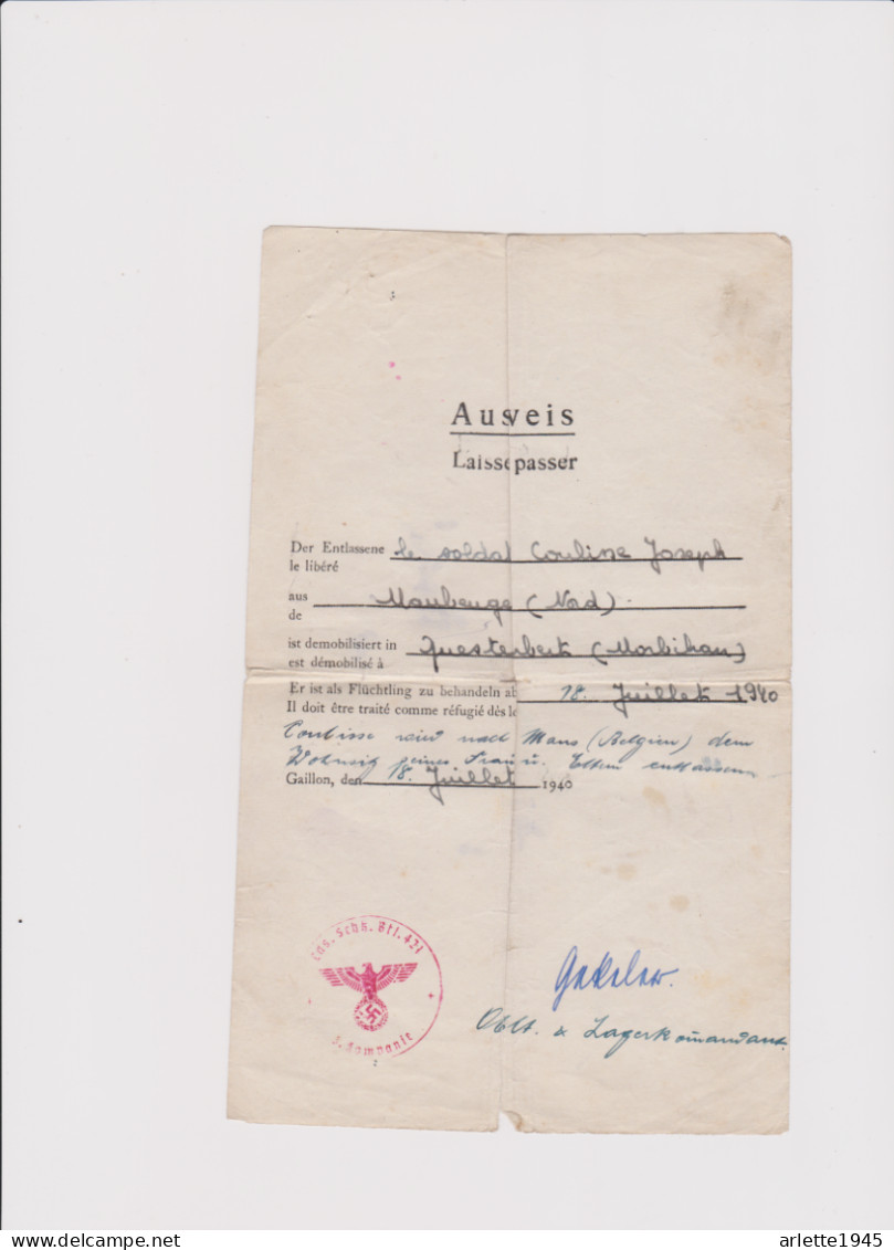 AUSWEIS LAISSER PASSER MILITAIRE DE MAUBEUGE (NORD) 18 JUILLET 1940 - 1939-45