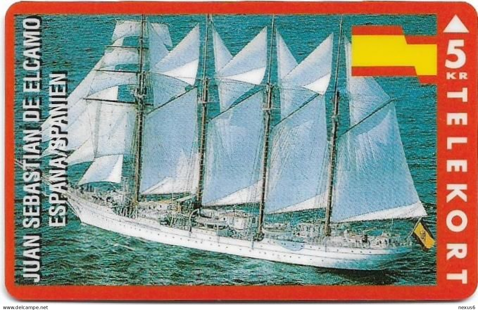 Denmark - KTAS - Ships (Red) - Spain - Juan Sebastian De Elcamo - TDKP114 - 11.1994, 5kr, 2.000ex, Used - Dänemark