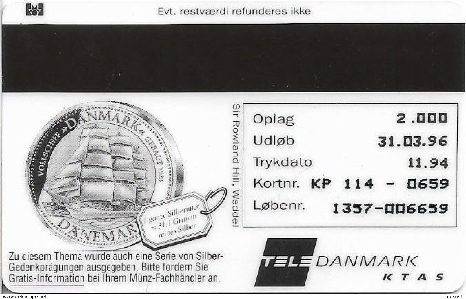 Denmark - KTAS - Ships (Red) - Spain - Juan Sebastian De Elcamo - TDKP114 - 11.1994, 5kr, 2.000ex, Used - Denmark