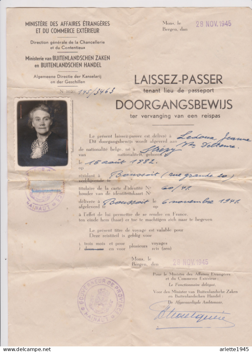 LAISSEZ PASSER TENANT LIEU DE TRANSPORT HABITANTE DE BOUSSOIT BELGIQUE 6 NOVEMBRE 1945 - 1939-45