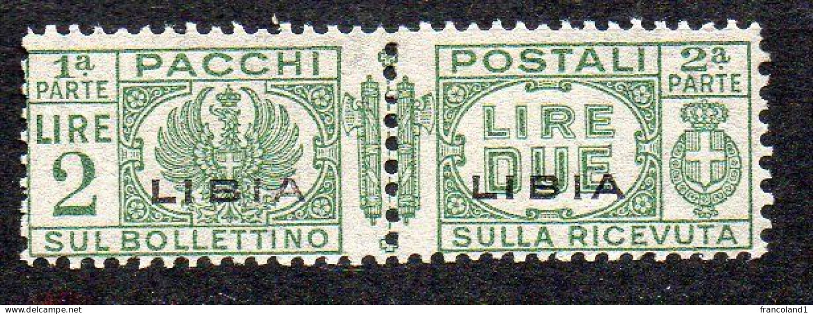 1927-37 Libia Pacco Postale N. 20   2 Lire Verde  Nuovo MLH* Sassone 90 Euro - Libia