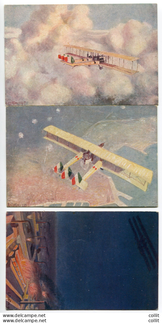 Impressioni Di Volo - 3 Cartoline Disegnate Amerigo Contini - Marcophilie (Avions)