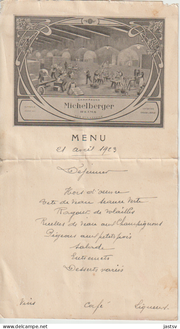 Menu Du 21 Avril 1923 Avec Gravure De La Vue D’un Cellier De La Maison De Champagne Michelberger à Reims - Menus