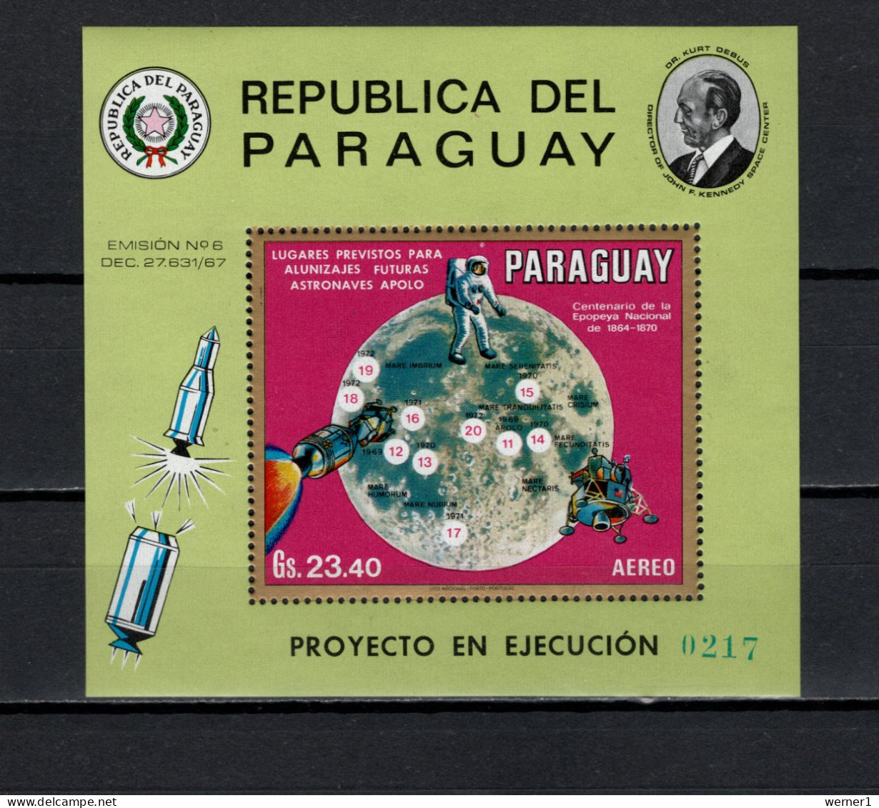 Paraguay 1970 Space, Map Of Moon, Kurt Debus S/s MNH - Amérique Du Sud