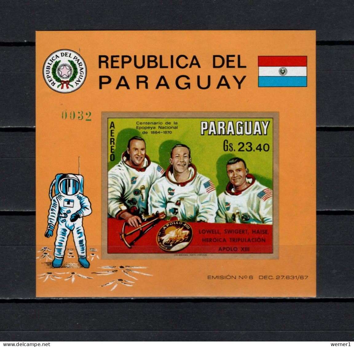 Paraguay 1970 Space, Apollo 13, Lovell, Swigert, Haise S/s MNH -scarce- - Zuid-Amerika