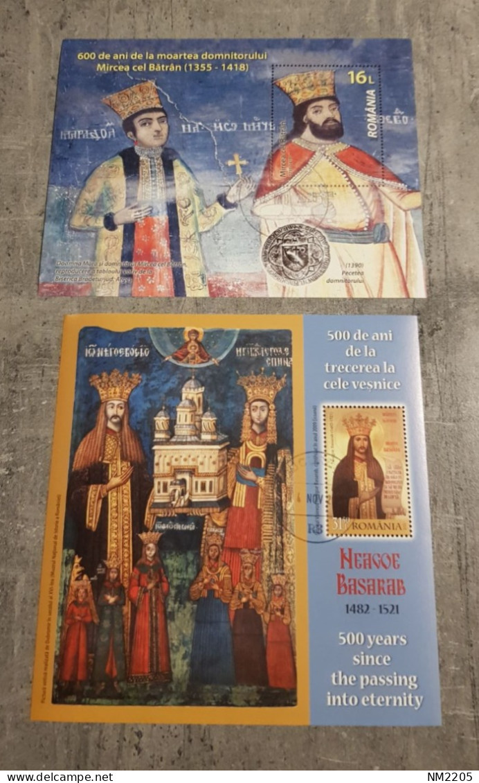 ROMANIA ANNIVERSARY DEATH NEAGOE BASARAB &MIRCEA THE OLD 2 MINIATURE SHEETS USED - Oblitérés