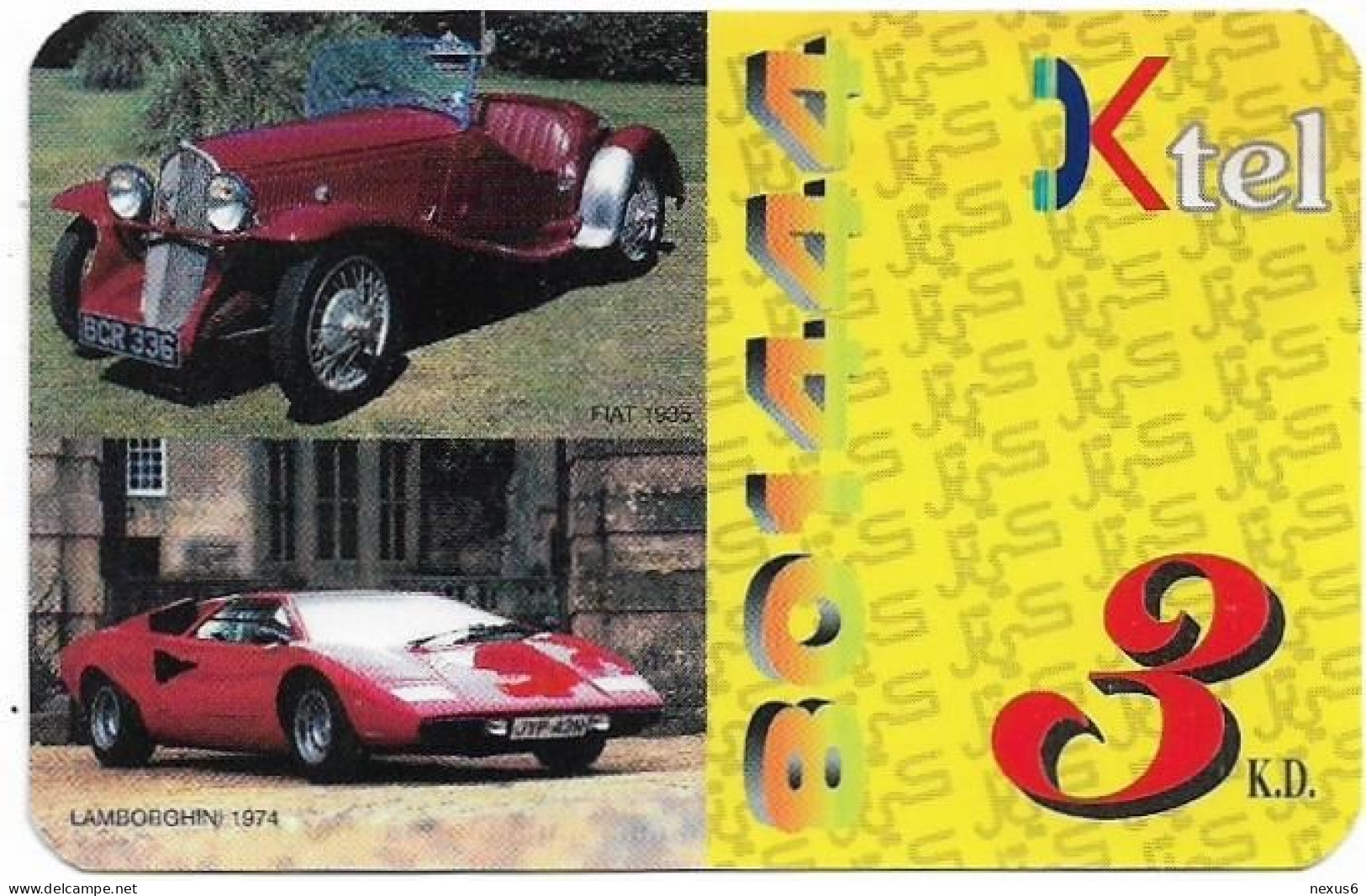 Kuwait - Ministry Of Comm. - KTEL Card - Car Fiat 1935 & Lamborghini 1974, Remote Mem. 3KD, Used - Koweït