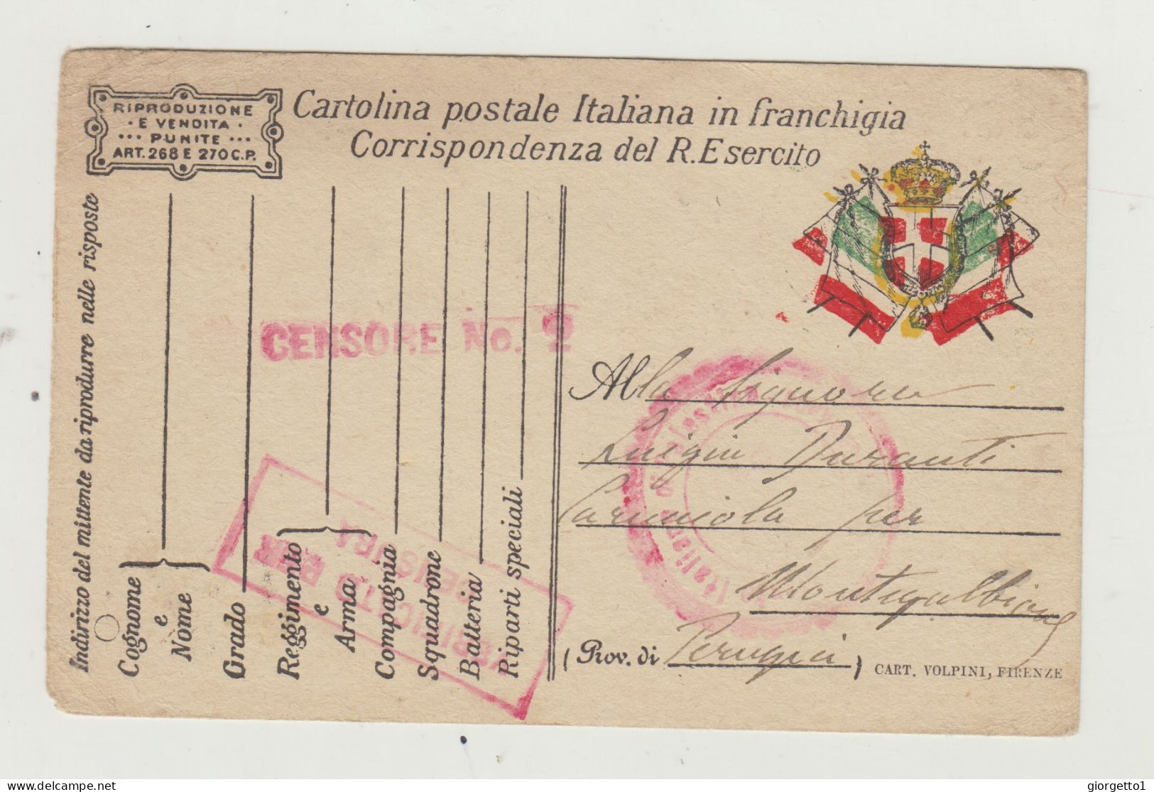 FRANCHIGIA POSTA MILITARE DEL 1918 CON CENSURA VERSO PERUGIA WW1 - Franchigia