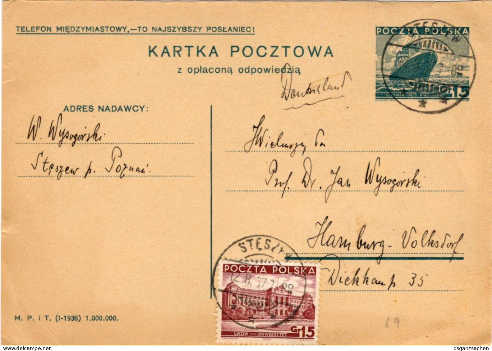 Polen Ganzsache Mit Zf. Um 1937 - Stamped Stationery