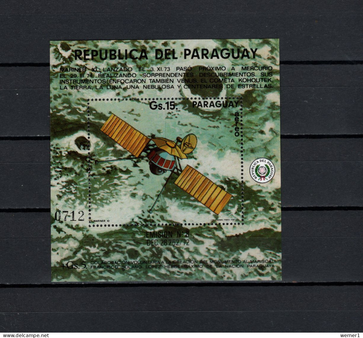 Paraguay 1974 Space, Mariner 10, Merkur S/s MNH - América Del Sur