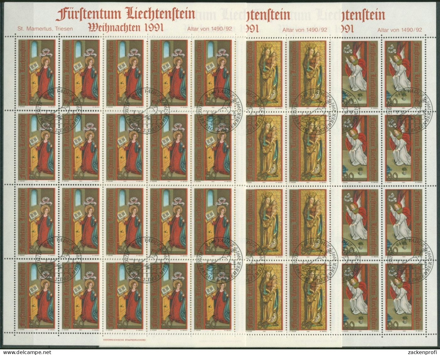 Liechtenstein 1991 Weihnachten Schnitzaltar 1027/29 Bogen Gestempelt (C16329) - Blokken