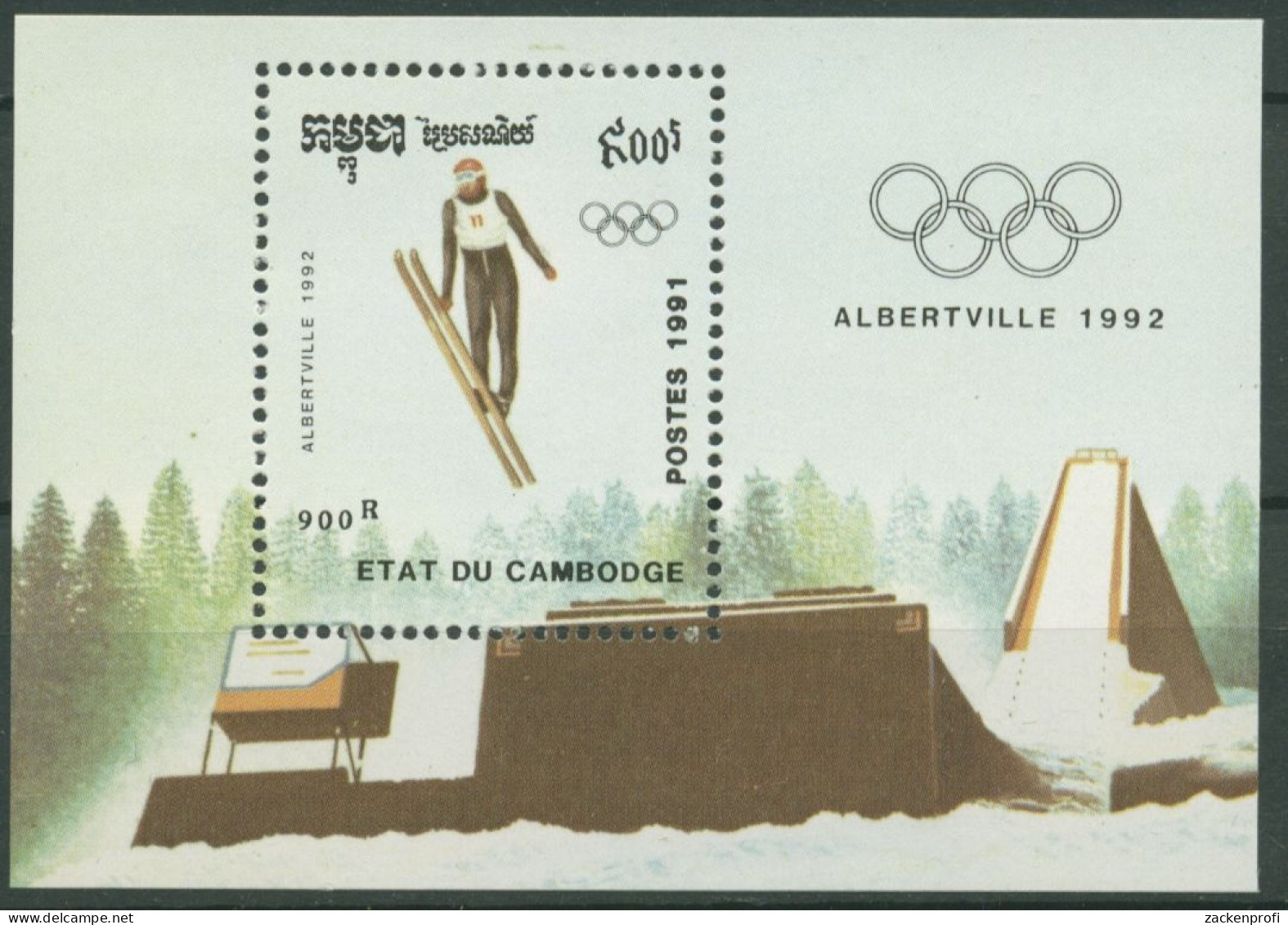 Kambodscha 1991 Olympiade Albertville: Skispringen Block 182 Postfrisch (C6811) - Kambodscha
