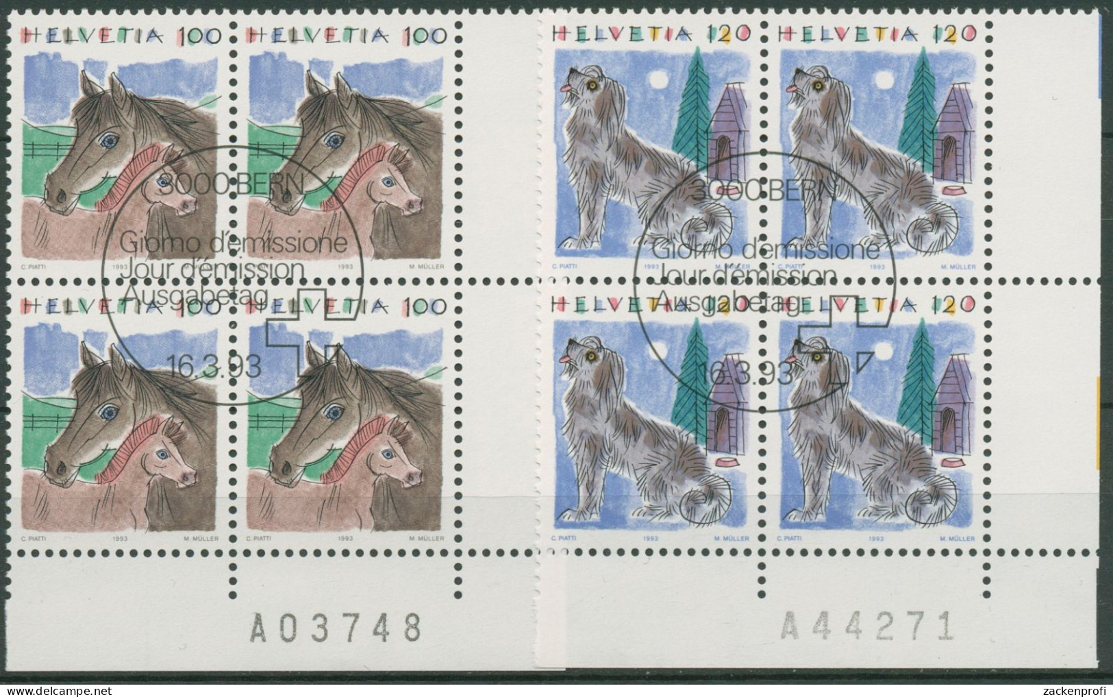Schweiz 1993 Tiere Pferde Hunde 1491/92 4er-Block Mit Bogennummer Gestempelt - Gebruikt