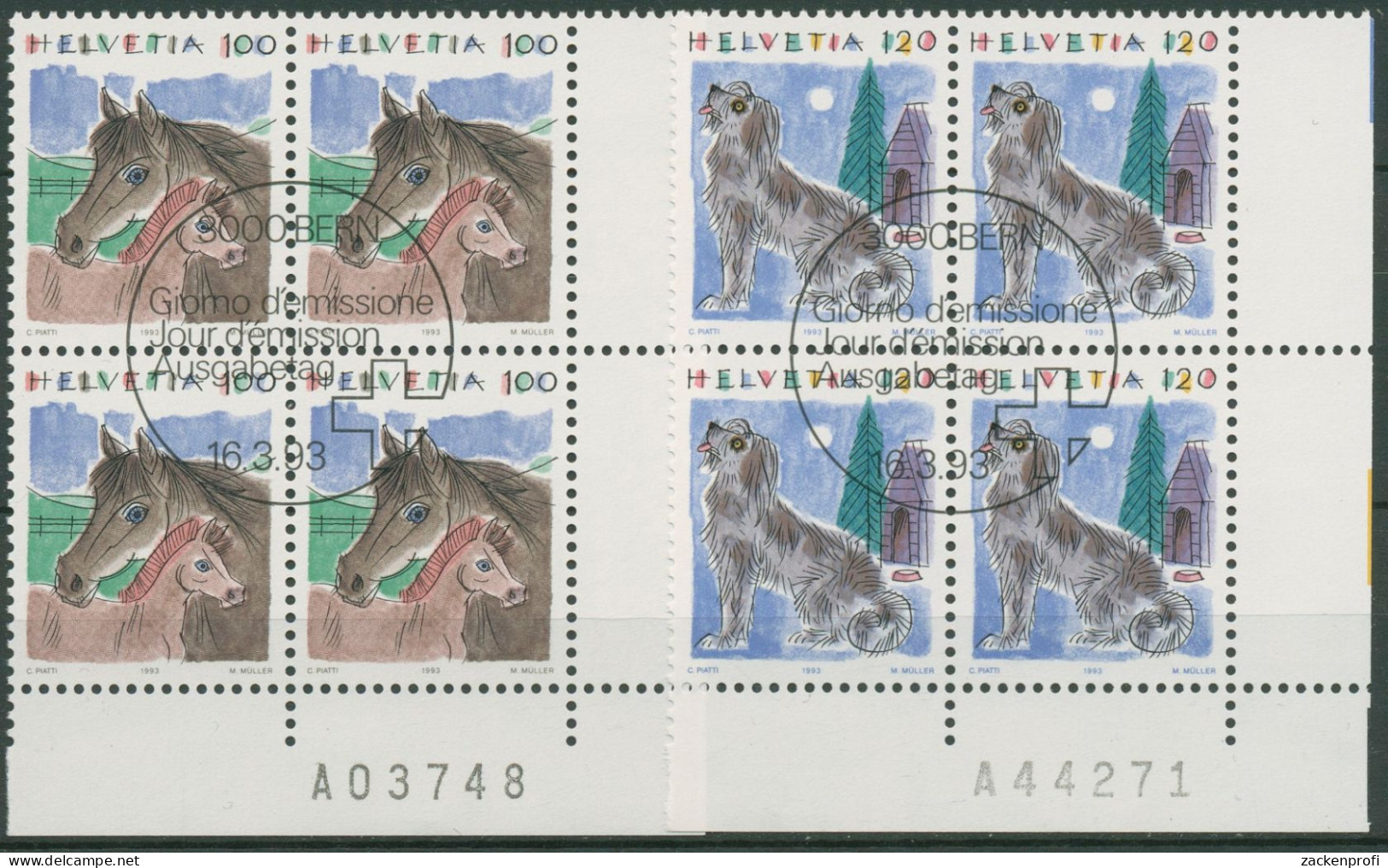 Schweiz 1993 Tiere Pferde Hunde 1491/92 4er-Block Mit Bogennummer Gestempelt - Used Stamps