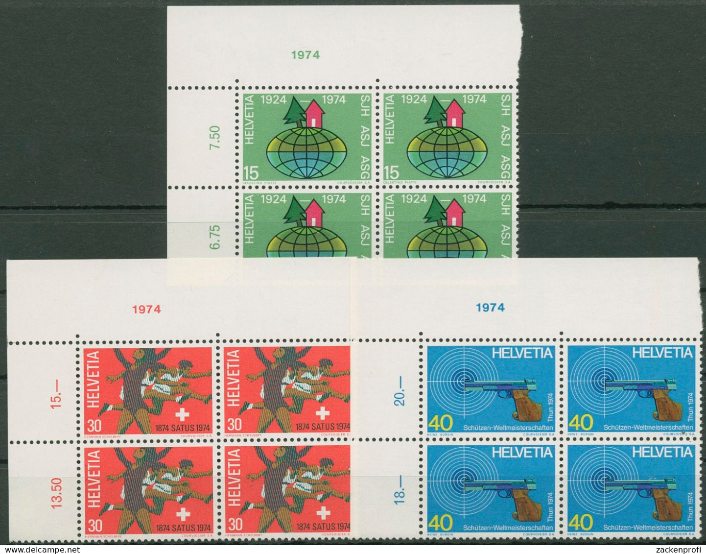 Schweiz 1974 Ereignisse Sportschützen 1017/19 4er-Block Ecke Postfrisch (C62366) - Unused Stamps