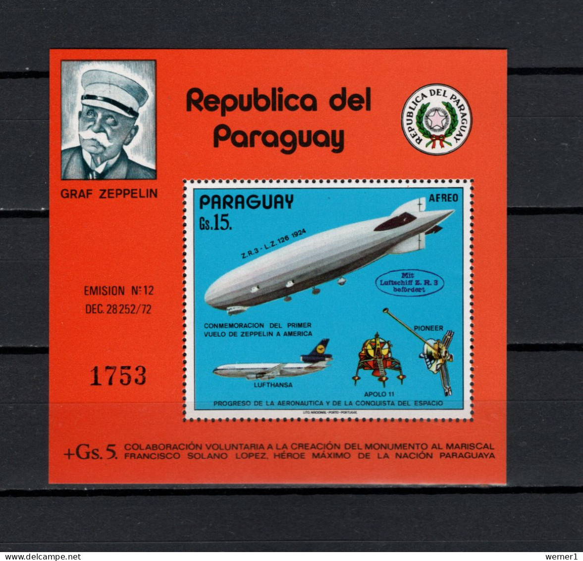 Paraguay 1975 Space, Apollo 11, Zeppelin S/s MNH -scarce- - South America