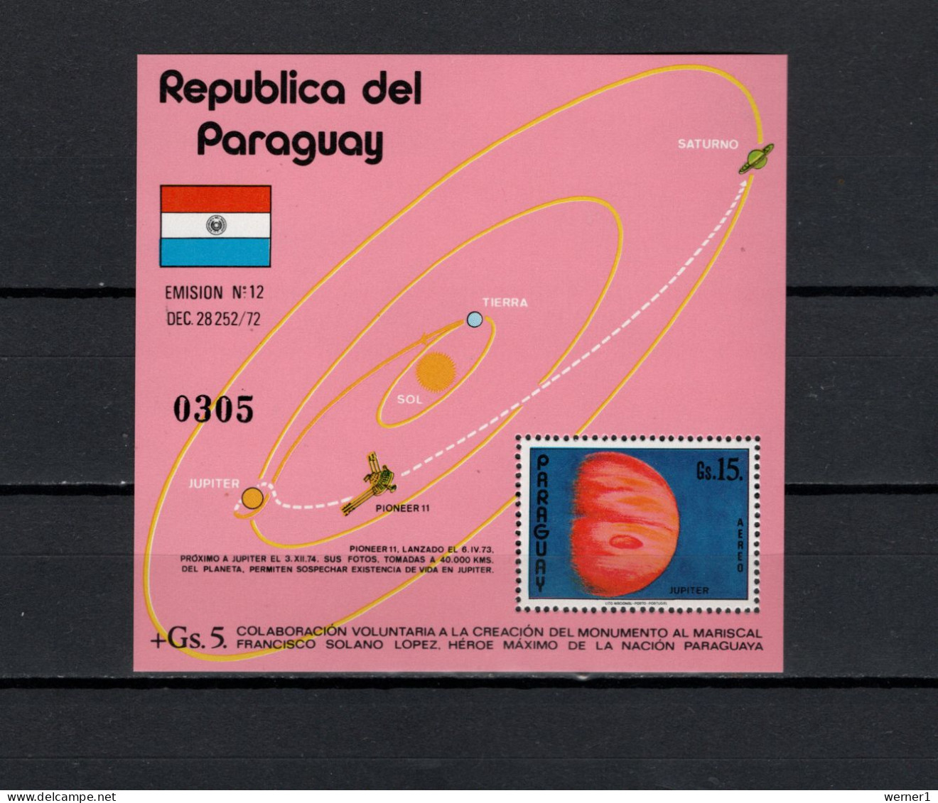 Paraguay 1975 Space, Pioneer 11, Jupiter S/s MNH - Amérique Du Sud